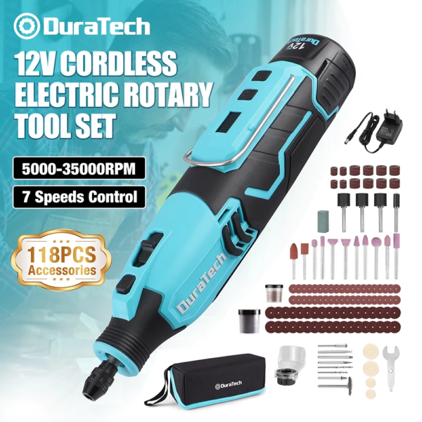 DURATECH 12V Cordless Electric Rotary Tool Lithium Electric Grinder with LCD Display 7-Speed 118Pcs Accessory mini drill for Diy