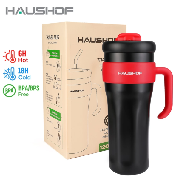 HAUSHOF 1200ml/40oz Tumbler with Handle Insulated Coffee Mug Stainless Steel Travel Mug Leak-proof Lid and Straw